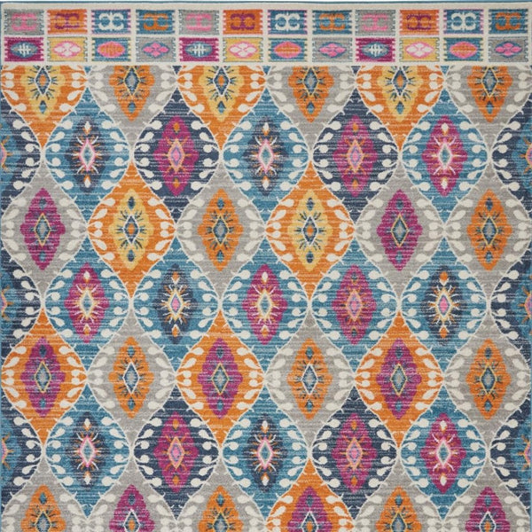 HomeRoots 5' Transitional Gray-Blue and Orange Ogee Distressed Area Rug for Living Room and Bedroom Décor 8? x 10? 385249
