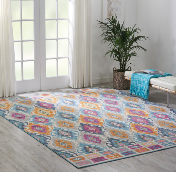 HomeRoots 5' Transitional Gray-Blue and Orange Ogee Distressed Area Rug for Living Room and Bedroom Décor 8? x 10? 385249
