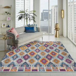 HomeRoots 5' Transitional Gray-Blue and Orange Ogee Distressed Area Rug for Living Room and Bedroom Décor 8? x 10? 385249