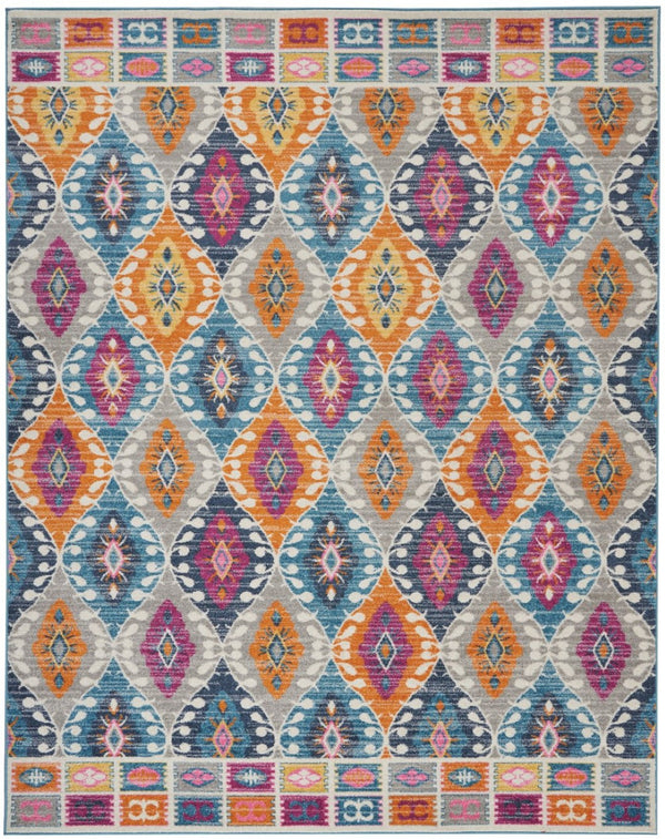 HomeRoots 5' Transitional Gray-Blue and Orange Ogee Distressed Area Rug for Living Room and Bedroom Décor 8? x 10? 385249