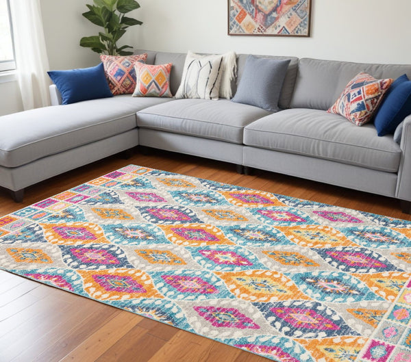 HomeRoots 5' Transitional Gray-Blue and Orange Ogee Distressed Area Rug for Living Room and Bedroom Décor 8? x 10? 385249