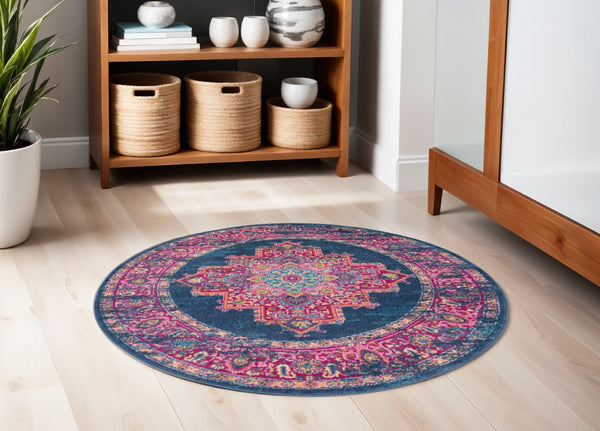 HomeRoots 5' Elegant Ivory and Blue Round Indoor-Outdoor Area Rug with Timeless Floral Design and Durability 5? 385254