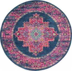 HomeRoots 5' Elegant Ivory and Blue Round Indoor-Outdoor Area Rug with Timeless Floral Design and Durability 8? 385257