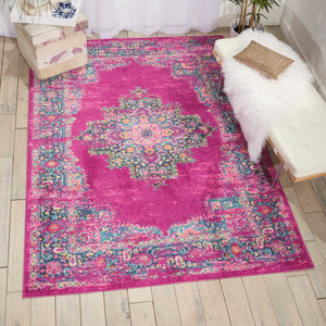 HomeRoots 5' Vibrant Fuchsia and Blue Oriental Distressed Area Rug - Timeless Design for Modern Spaces 5' x 7' 385262