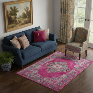 HomeRoots 5' Vibrant Fuchsia and Blue Oriental Distressed Area Rug - Timeless Design for Modern Spaces 5' x 7' 385262