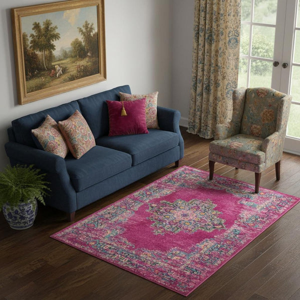HomeRoots 5' Vibrant Fuchsia and Blue Oriental Distressed Area Rug - Timeless Design for Modern Spaces 5' x 7' 385262