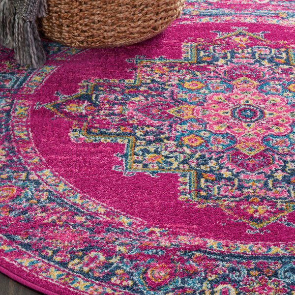 Homeroots 5' Fuchsia And Blue Oriental Round Rug - Durable, Stylish, And Perfect For Any Home Decor Upgrade! 5' Round Polypropylene 385263
