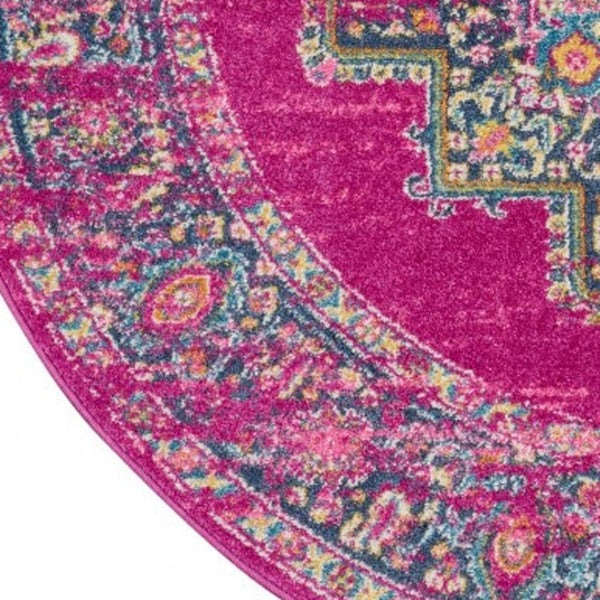 HomeRoots 5' Vibrant Fuchsia and Blue Oriental Distressed Area Rug - Timeless Design for Modern Spaces 5' Round 385263