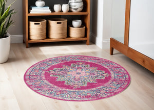 HomeRoots 5' Vibrant Fuchsia and Blue Oriental Distressed Area Rug - Timeless Design for Modern Spaces 5' Round 385263