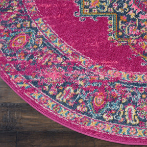 Homeroots 5' Fuchsia And Blue Oriental Round Rug - Durable, Stylish, And Perfect For Any Home Decor Upgrade! 5' Round Polypropylene 385263