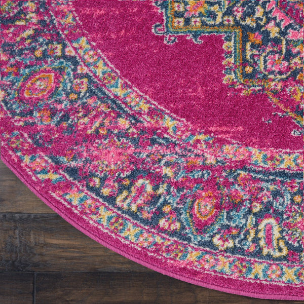 Homeroots 5' Fuchsia And Blue Oriental Round Rug - Durable, Stylish, And Perfect For Any Home Decor Upgrade! 5' Round Polypropylene 385263