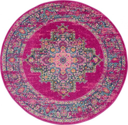 Homeroots 5' Fuchsia And Blue Oriental Round Rug - Durable, Stylish, And Perfect For Any Home Decor Upgrade! 5' Round Polypropylene 385263