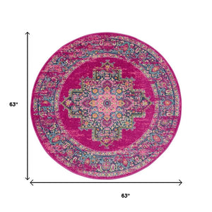 HomeRoots 5' Vibrant Fuchsia and Blue Oriental Distressed Area Rug - Timeless Design for Modern Spaces 5' Round 385263
