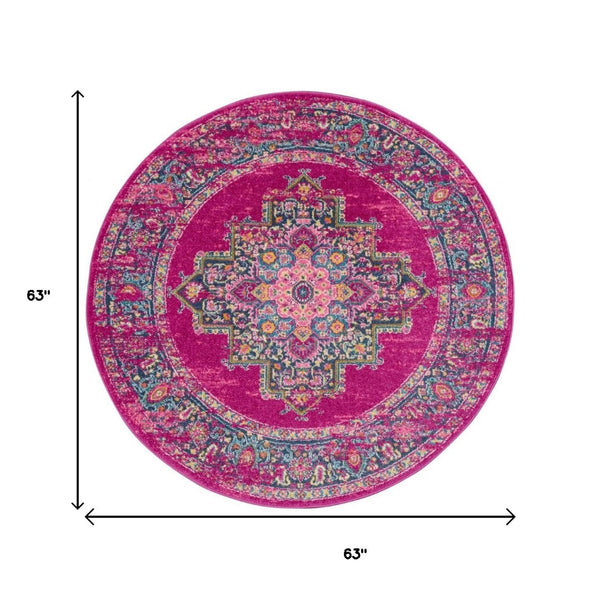 HomeRoots 5' Vibrant Fuchsia and Blue Oriental Distressed Area Rug - Timeless Design for Modern Spaces 5' Round 385263