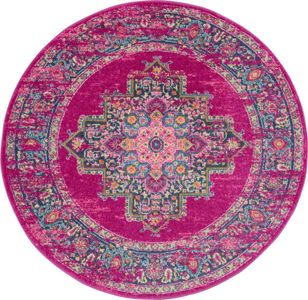 Homeroots 5' Fuchsia Round Power Loom Area Rug  Polypropylene 385263