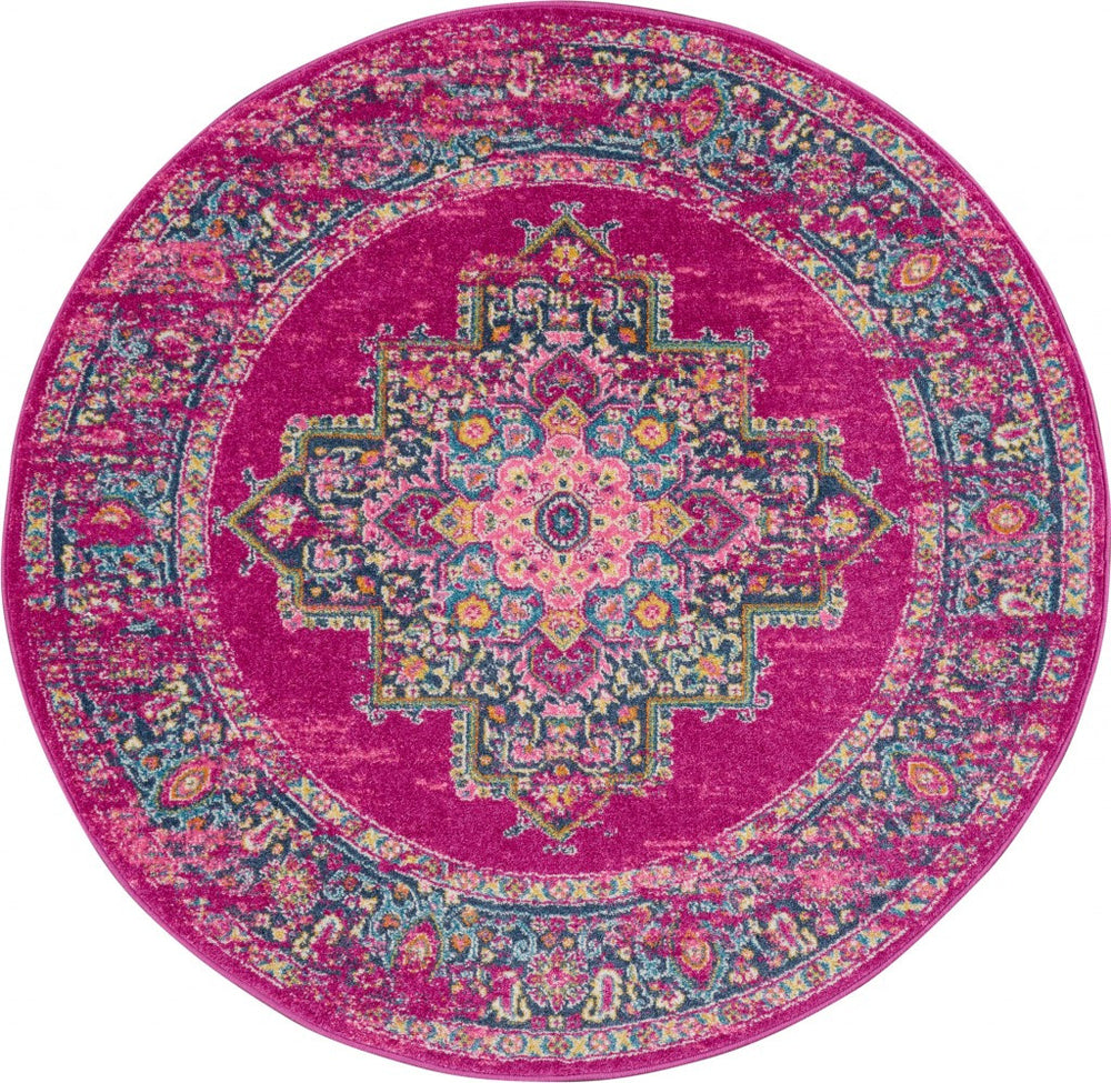Homeroots 5' Fuchsia And Blue Oriental Round Rug - Durable, Stylish, And Perfect For Any Home Decor Upgrade! 5' Round Polypropylene 385263