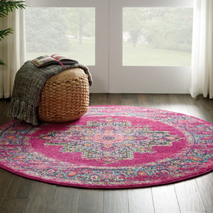 HomeRoots 5' Vibrant Fuchsia and Blue Oriental Distressed Area Rug - Timeless Design for Modern Spaces 5' Round 385263
