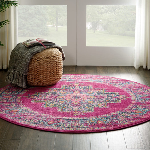 HomeRoots 5' Vibrant Fuchsia and Blue Oriental Distressed Area Rug - Timeless Design for Modern Spaces 5' Round 385263