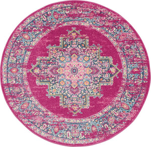 HomeRoots 5' Vibrant Fuchsia and Blue Oriental Distressed Area Rug - Timeless Design for Modern Spaces 5' Round 385263