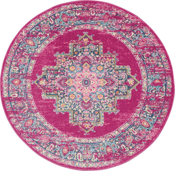 HomeRoots 5' Vibrant Fuchsia and Blue Oriental Distressed Area Rug - Timeless Design for Modern Spaces 5' Round 385263