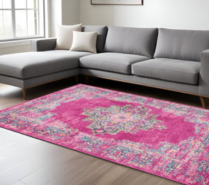 HomeRoots 5' Vibrant Fuchsia and Blue Oriental Distressed Area Rug - Timeless Design for Modern Spaces 7' x 10' 385264