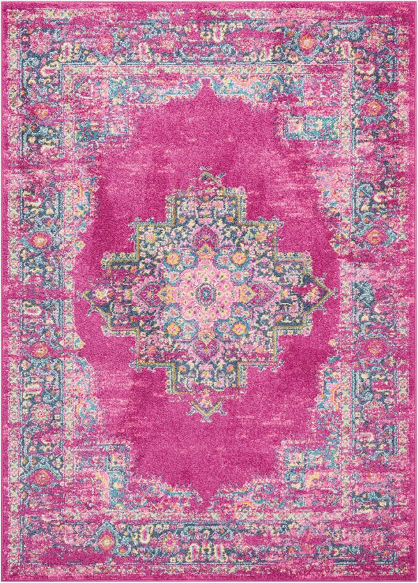 HomeRoots 5' Vibrant Fuchsia and Blue Oriental Distressed Area Rug - Timeless Design for Modern Spaces 7' x 10' 385264