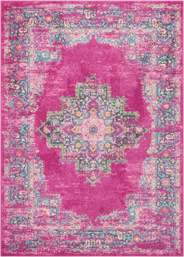 HomeRoots 5' Vibrant Fuchsia and Blue Oriental Distressed Area Rug - Timeless Design for Modern Spaces 7' x 10' 385264