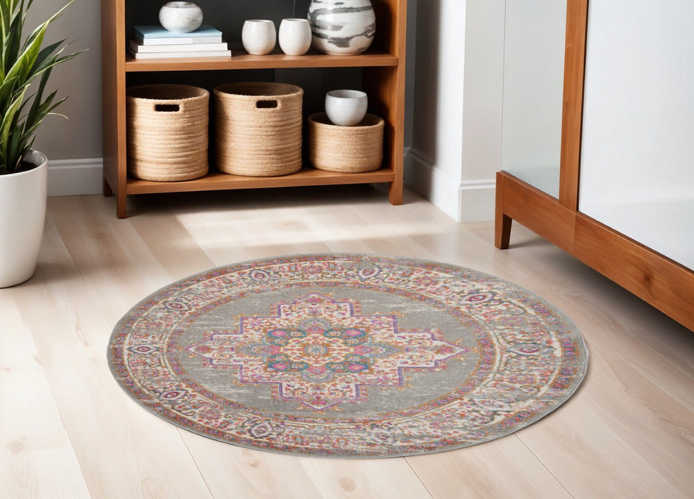 HomeRoots 5' Gray and Gold Distressed Medallion Area Rug – Vintage Elegance for Any Living Space Decor 5? 385269