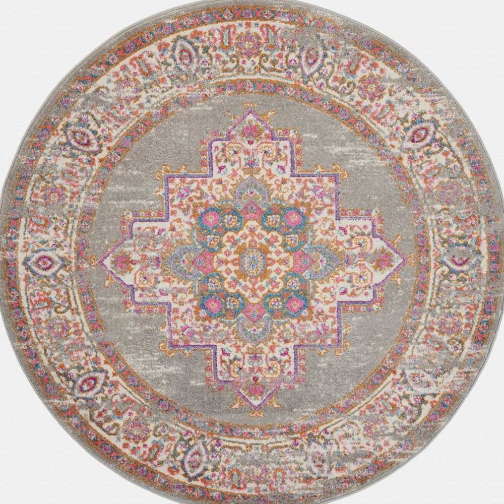 Homeroots 8' Gray And Gold Medallion Distressed Round Rug - Durable, Stylish, And Perfect For Any Room Décor! 8? Polypropylene 385271