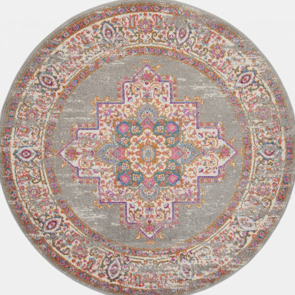 Homeroots 8' Gray And Gold Medallion Distressed Round Rug - Durable, Stylish, And Perfect For Any Room Décor! 8? Polypropylene 385271