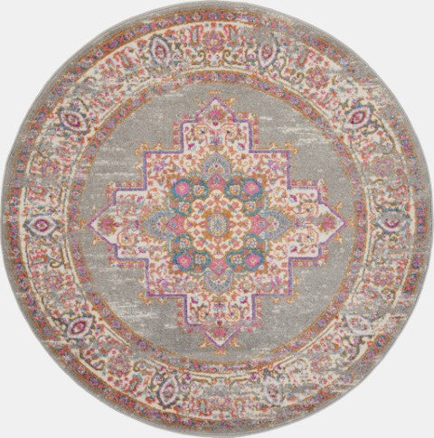 Homeroots 8' Gray And Gold Medallion Distressed Round Rug - Durable, Stylish, And Perfect For Any Room Décor! 8? Polypropylene 385271