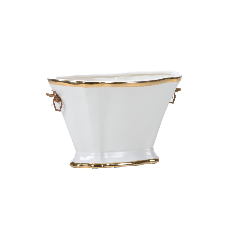 Chelsea House Susan Susan Planter White — 12.5"H Elegant Planter With Satin Gold Bee-Hexagon Handles, Versatile Centerpiece 385275