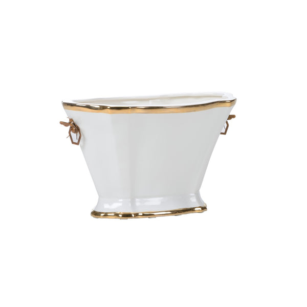 Chelsea House Susan Susan Planter White — 12.5"H Elegant Planter With Satin Gold Bee-Hexagon Handles, Versatile Centerpiece 385275