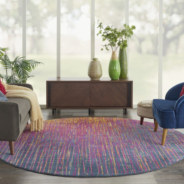 HomeRoots 5' Bold Blue and Orange Abstract Area Rug – Modern Design, Durable, Softens Spaces, Easy Care 8' Round Round 385277