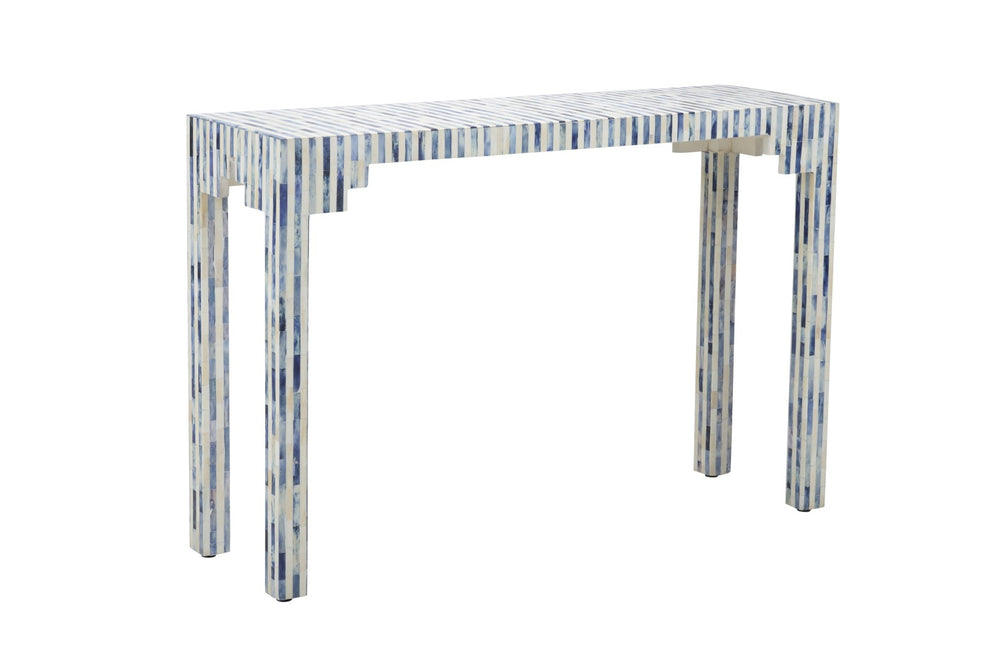 Chelsea House Bone Inlay Console Table In Blue & Cream — Handcrafted Geometric Pattern, Slim Durable Entryway Accent 385295