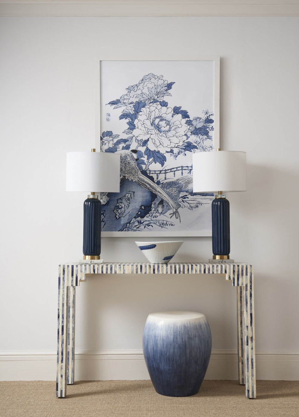 Chelsea House Bone Inlay Console Table In Blue & Cream — Handcrafted Geometric Pattern, Slim Durable Entryway Accent 385295