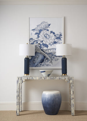 Chelsea House Bone Inlay Console Table In Blue & Cream — Handcrafted Geometric Pattern, Slim Durable Entryway Accent 385295