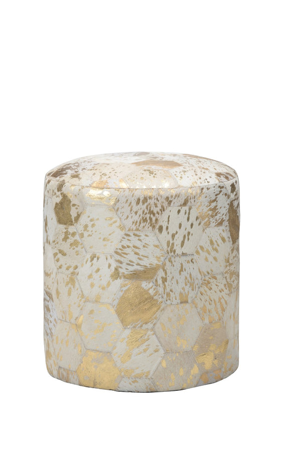Chelsea House Lux Hair-On-Hide Pouf — Hand-Stitched Hexagon Leather Ottoman With Gold Accents, Seat Or Footstool (20.5"H) 385301