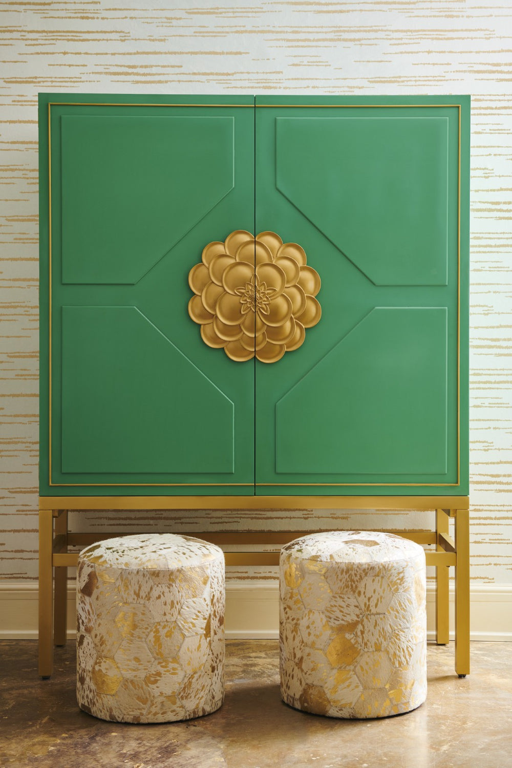 Chelsea House Lux Hair-On-Hide Pouf — Hand-Stitched Hexagon Leather Ottoman With Gold Accents, Seat Or Footstool (20.5"H) 385301