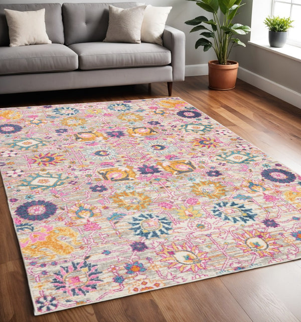 HomeRoots 7' Silver Gray and Pink Floral Distressed Area Rug - Timeless Elegance for Modern Living Spaces 5' X 7' 385301
