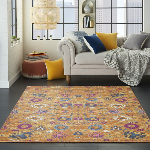 HomeRoots 5' Blue and Orange Floral Distressed Area Rug – Timeless Elegance for Modern and Traditional Spaces 5' X 7' Rectangle 385304