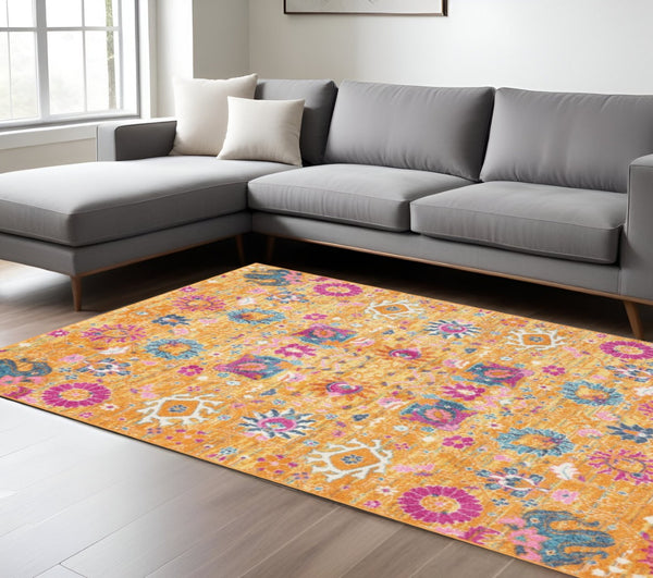 HomeRoots 5' Blue and Orange Floral Distressed Area Rug – Timeless Elegance for Modern and Traditional Spaces 7' X 10' Rectangle 385305