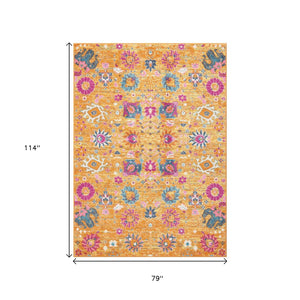HomeRoots 5' Blue and Orange Floral Distressed Area Rug – Timeless Elegance for Modern and Traditional Spaces 7' X 10' Rectangle 385305