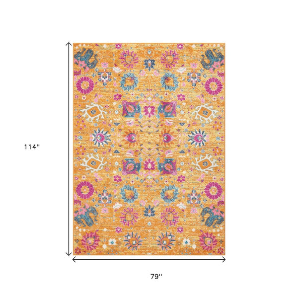 HomeRoots 5' Blue and Orange Floral Distressed Area Rug – Timeless Elegance for Modern and Traditional Spaces 7' X 10' Rectangle 385305