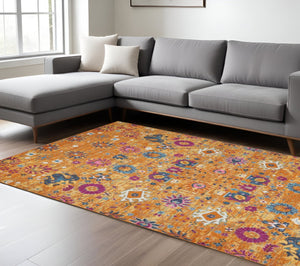 HomeRoots 5' Blue and Orange Floral Distressed Area Rug – Timeless Elegance for Modern and Traditional Spaces 8' X 10' Rectangle 385306