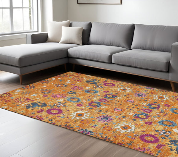 HomeRoots 5' Blue and Orange Floral Distressed Area Rug – Timeless Elegance for Modern and Traditional Spaces 8' X 10' Rectangle 385306