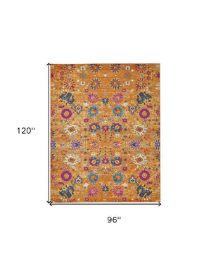 HomeRoots 5' Blue and Orange Floral Distressed Area Rug – Timeless Elegance for Modern and Traditional Spaces 8' X 10' Rectangle 385306
