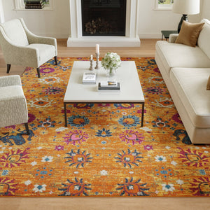 HomeRoots 5' Blue and Orange Floral Distressed Area Rug – Timeless Elegance for Modern and Traditional Spaces 8' X 10' Rectangle 385306