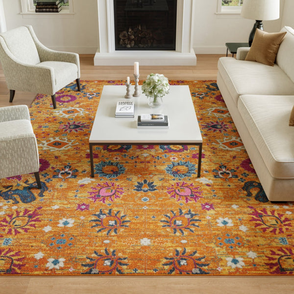 HomeRoots 5' Blue and Orange Floral Distressed Area Rug – Timeless Elegance for Modern and Traditional Spaces 8' X 10' Rectangle 385306