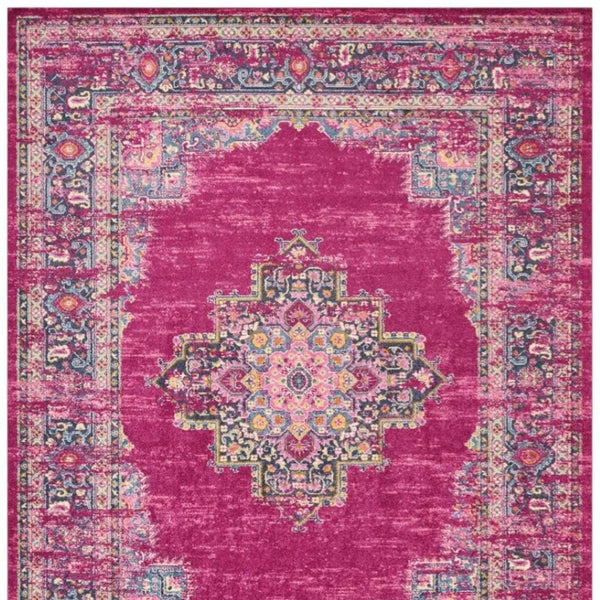 HomeRoots 5' Vibrant Fuchsia and Blue Oriental Distressed Area Rug - Timeless Design for Modern Spaces 8' x 10' 385313